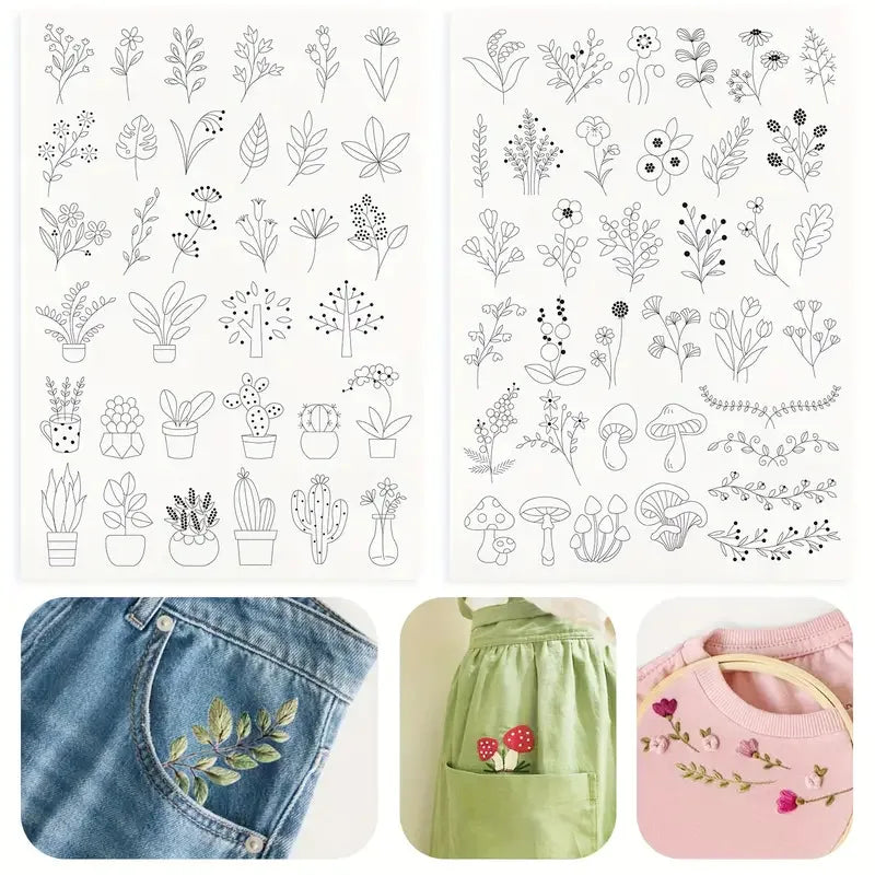 Stick & Stitch Transfers for Clothes – 2 Water-Soluble Sheets (50+ Pieces)