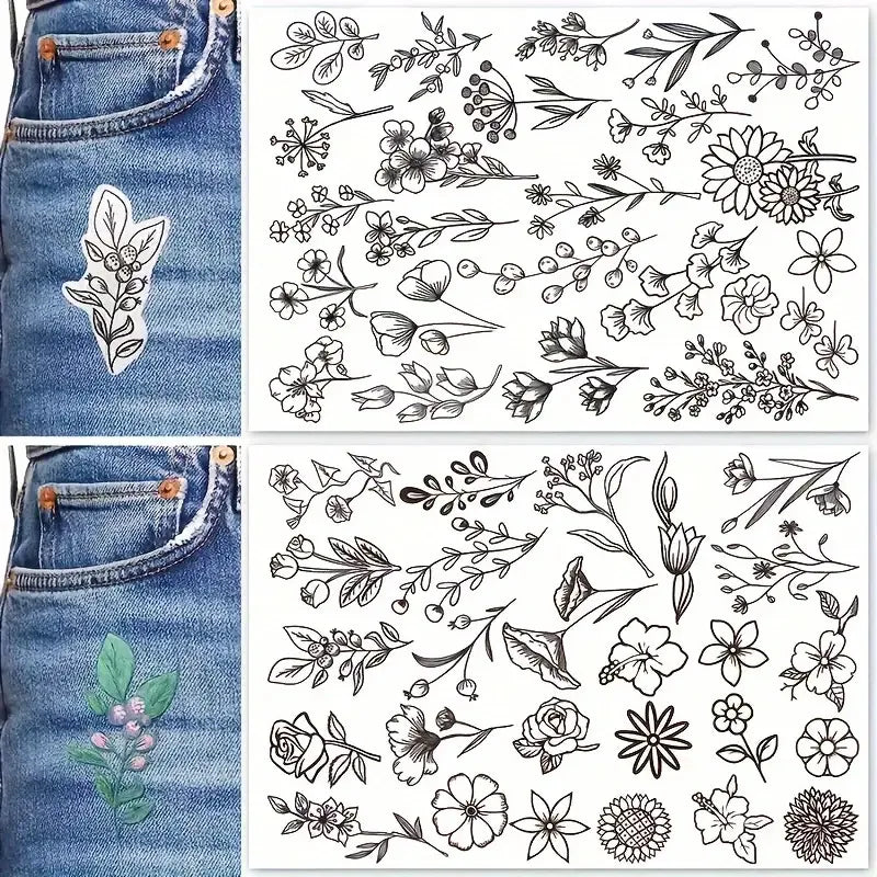 Stick & Stitch Transfers for Clothes – 2 Water-Soluble Sheets (50+ Pieces)