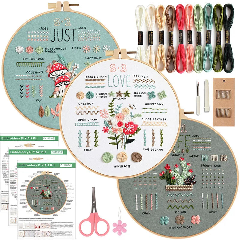 CraftHoop 4-Piece Beginner Embroidery Kit with Mushroom Patterns