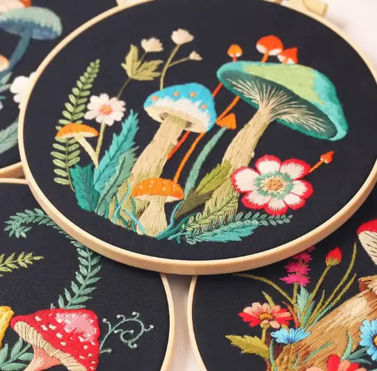 CraftHoop 4-Piece Beginner Embroidery Kit with Mushroom Patterns